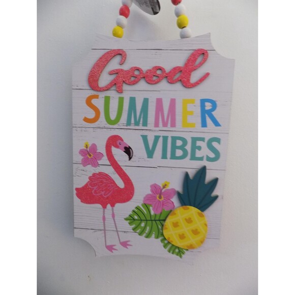 NEW Flamingo Wall Art Good Summer Vibes Decor Florida Tropical Wood Beads - Picture 5 of 5